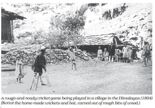 a rough and ready cricket game being played in a village