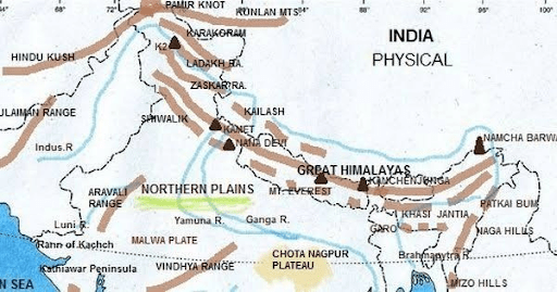 map of India mark the Himalayas