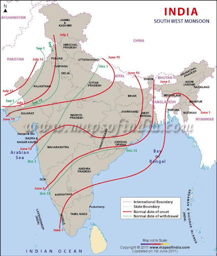 map of India mark the advancing monsoon in India