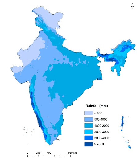 map of India mark the seasonal rainfall in India